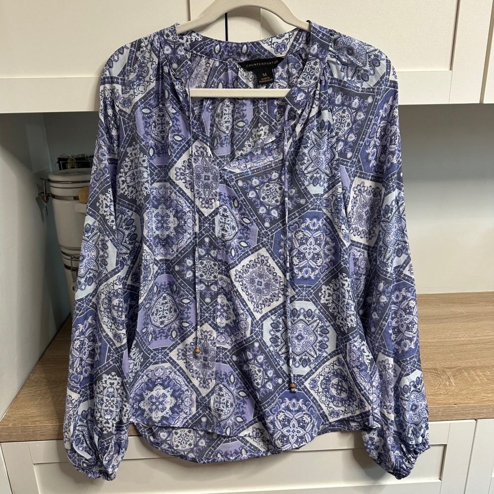 Counterparts Blouse Womens M Blue Purple Medallion Print Tie Neck Top Patchwork